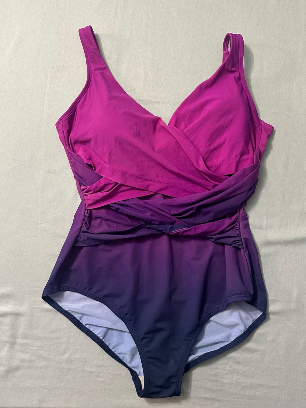 Lands End SlenderSuit Wrap One Piece Swimsuit 14 Pink Purple Ombre Tummy Control